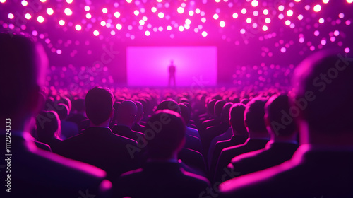 A large audience sits in a darkened auditorium, bathed in pink light, watching a presentation on a large screen. The atmosphere is electric and engaging.