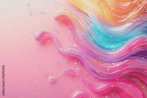 Pink background photo with abstract fluid pattern and bright rainbow colors for design.