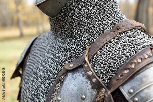 This close-up image highlights the detailed craftsmanship of chainmail and armor plates, revealing the intricate patterns and textures inherent in historical protective gear. photo