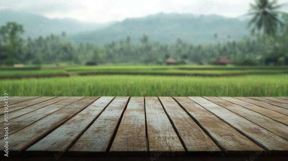 Rustic Wooden Table with Blurred Paddy Field Horizon as Backdrop Rustic Wooden Table with Blurred Paddy Field Horizon as Backdrop