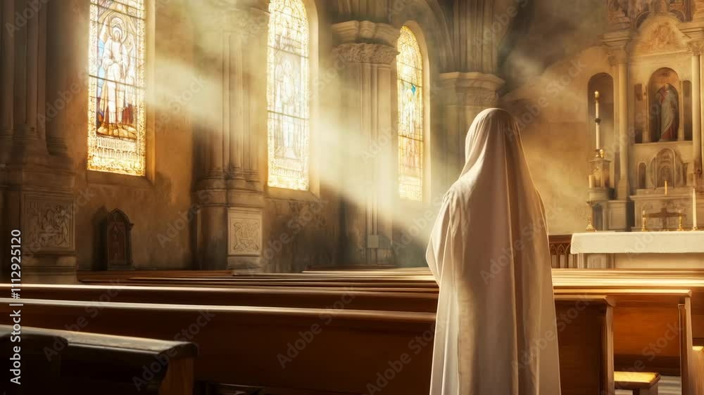 Elderly woman nun in habit with church bokeh background. Christian religion and Christianity. Faith and religious service. Elderly woman nun in habit with church bokeh background. Christian religion and Christianity. Faith and religious service.