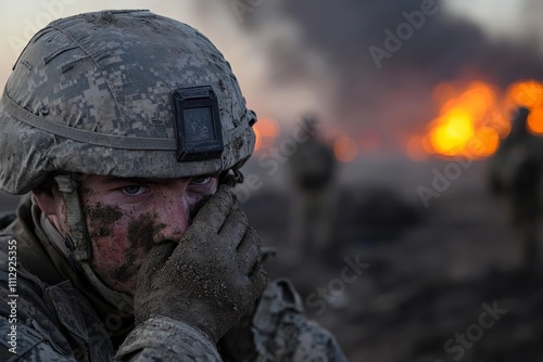 A soldier in camouflage paint concentrates, reflecting on the aftermath of battle while surrounded by destruction, signifying the impact of war on the human spirit and psyche. photo