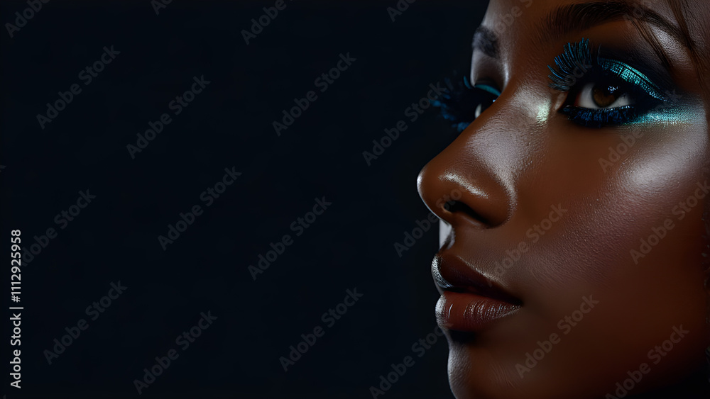 Beautiful african american woman with blue make-up and long eyelashes Beautiful african american woman with blue make-up and long eyelashes