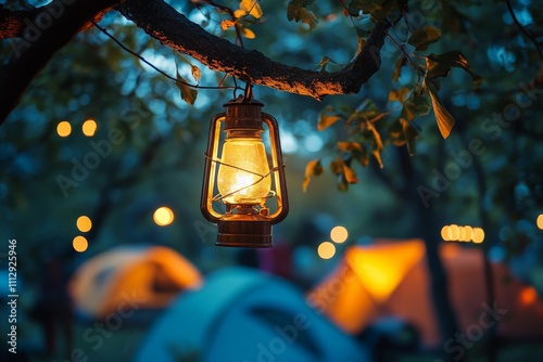 A charming lantern hangs from a tree branch, casting a soft light onto colorful camping tents at dusk, enhancing the magical ambiance of an evening spent in nature.