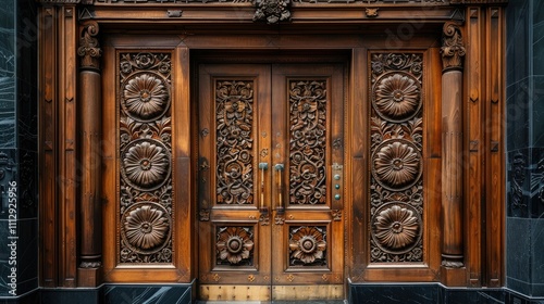 Ornate carved wooden double doors with floral motifs, set in a dark stone frame.