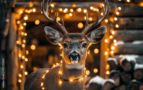 Deer with Holiday String Lights A curious deer with festive string lights draped around its antlers, promoting decorative lighting solutions, set against a cozy winter cabin backdrop. photo