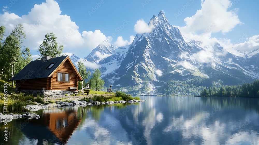 Fototapeta premium Charming lake cabin with mountain and forest landscape image