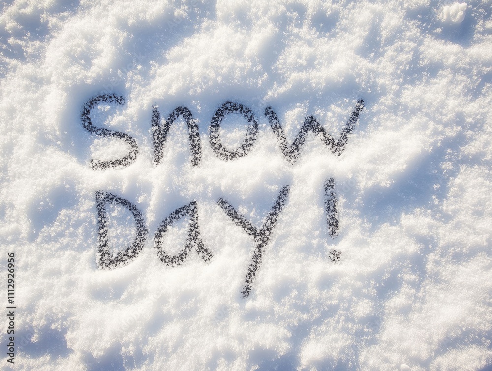 Naklejka premium Freshly Written 'Snow Day!' Text in Pristine Snow Cover with Ample Copy Space