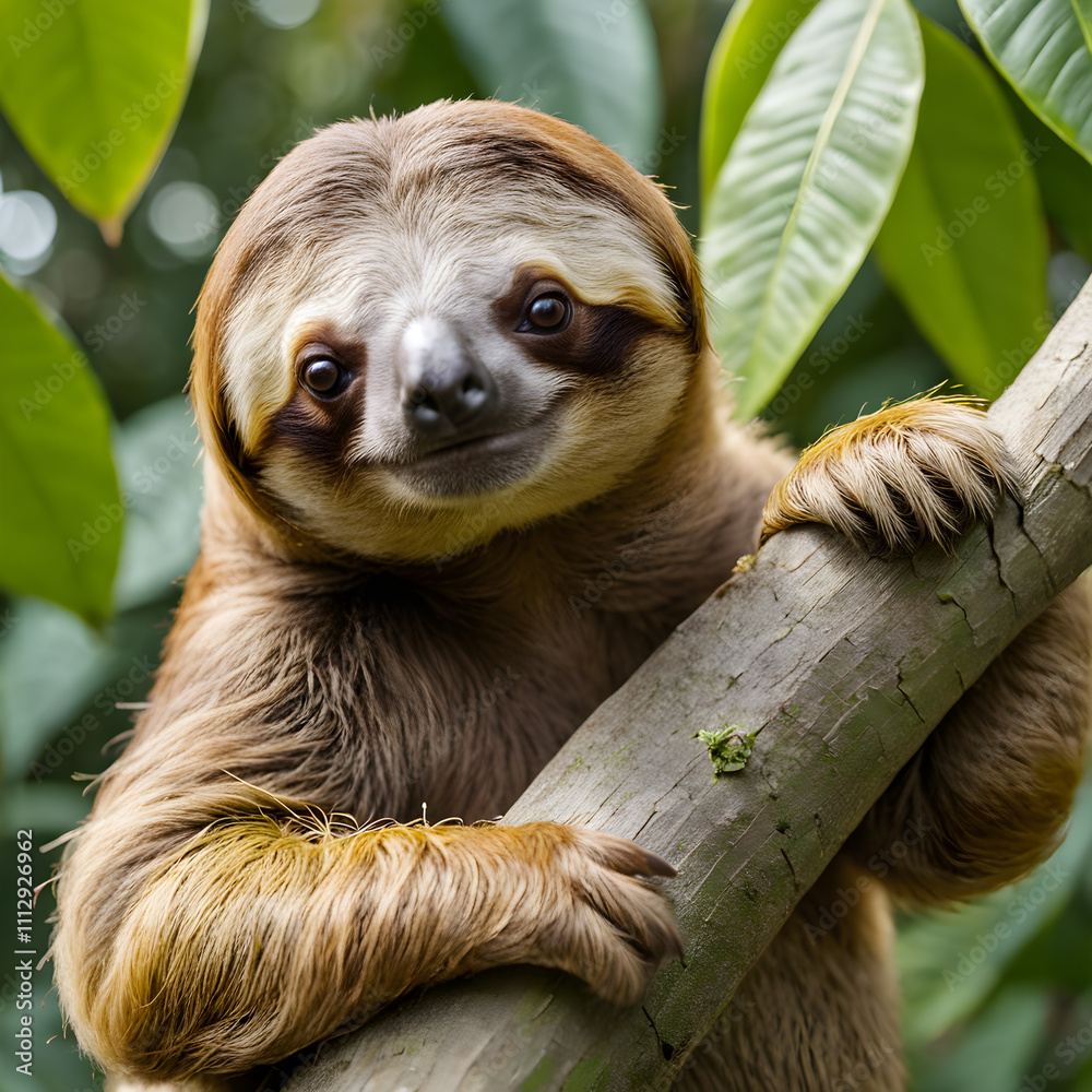 Fototapeta premium Portrait of cute sloth climbing on the tree in the jungle
