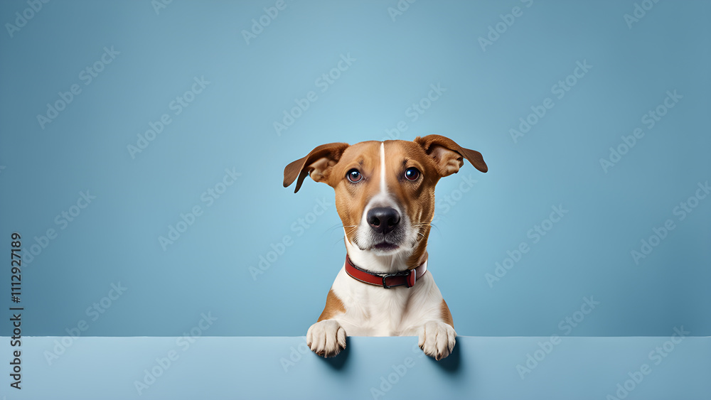 funny dog peeking out from behind a banner on blue background funny dog peeking out from behind a banner on blue background