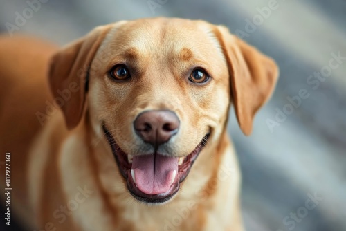 A cheerful Labrador dog smiling at the camera, showcasing its happy demeanor and sunny disposition, perfect for conveying the joy of pet companionship.