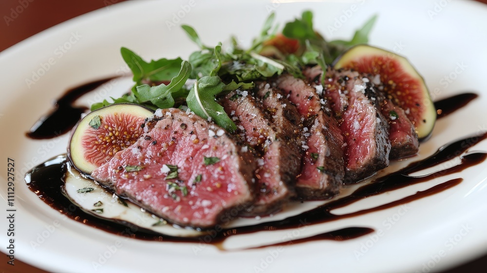 A gourmet dish featuring sliced beef, figs, and greens, garnished with balsamic drizzle. A gourmet dish featuring sliced beef, figs, and greens, garnished with balsamic drizzle.