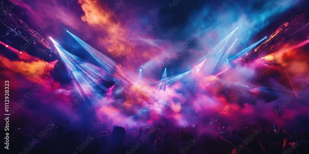 Fototapeta premium Grand arena stage surrounded by swirling colorful smoke, illuminated by beams from a sophisticated lighting rig, fading into a dark void of concert lighting