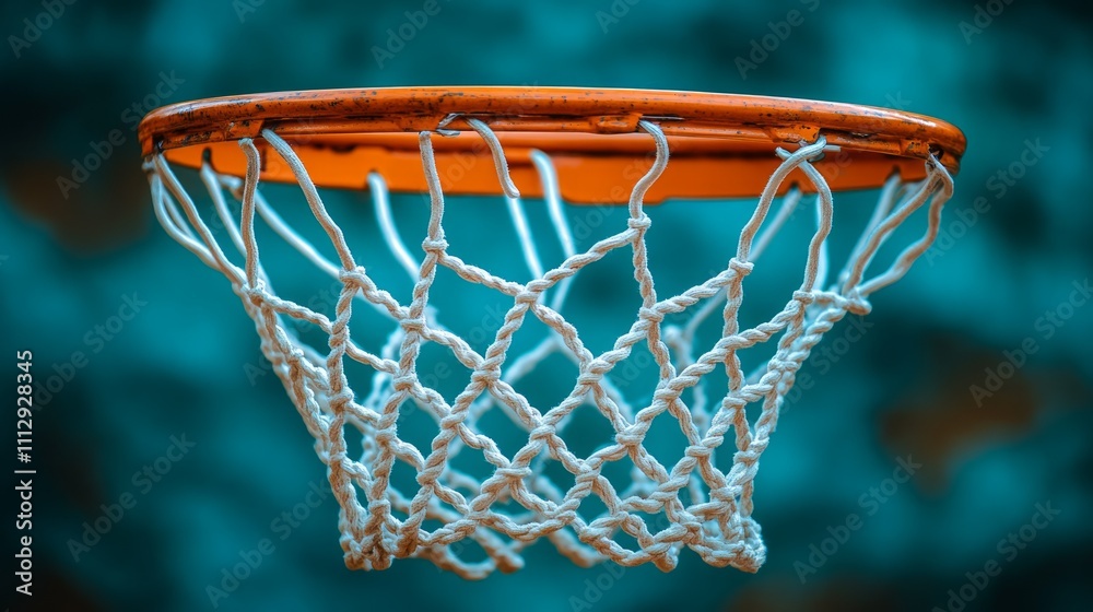 Close-up of a weathered orange basketball hoop with white net against a blurred teal background. Close-up of a weathered orange basketball hoop with white net against a blurred teal background.