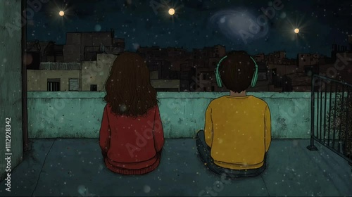 Boy and Girl Sitting on Rooftop, Gazing at Stars and Galaxy with Thoughtful Lofi Vibes photo