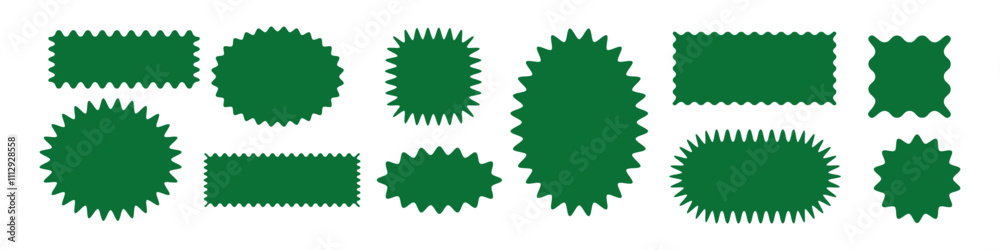 Fototapeta premium Green circular shape with burst edges and scallop frame. Sticker design, badges, or promotional offers. Flat vector illustration isolated on white background.