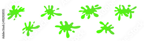 Dripping green goo with splashes and blot effects. Mucus texture blobs. Flat vector illustration isolated on white background.