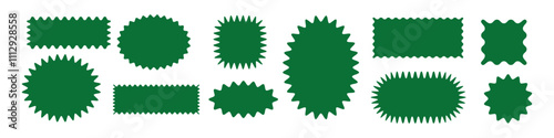 Green circular shape with burst edges and scallop frame. Sticker design, badges, or promotional offers. Flat vector illustration isolated on white background.