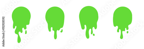 round Dripping green goo with splashes and blot effects. Mucus texture blobs. Flat vector illustration isolated on white background.