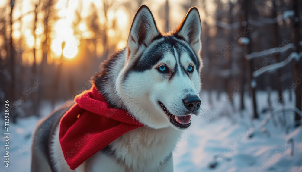Beautiful Siberian husky wearing a red scarf in a snowy forest with golden sunlight Beautiful Siberian husky wearing a red scarf in a snowy forest with golden sunlight