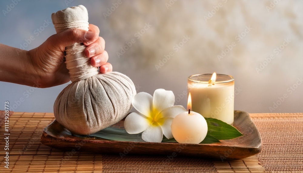 Hand Holding Aromatic Herbal Compress for Massage Therapy: A hand gently cradles a traditional herbal compress, a symbol of relaxation and rejuvenation. Hand Holding Aromatic Herbal Compress for Massage Therapy: A hand gently cradles a traditional herbal compress, a symbol of relaxation and rejuvenation.