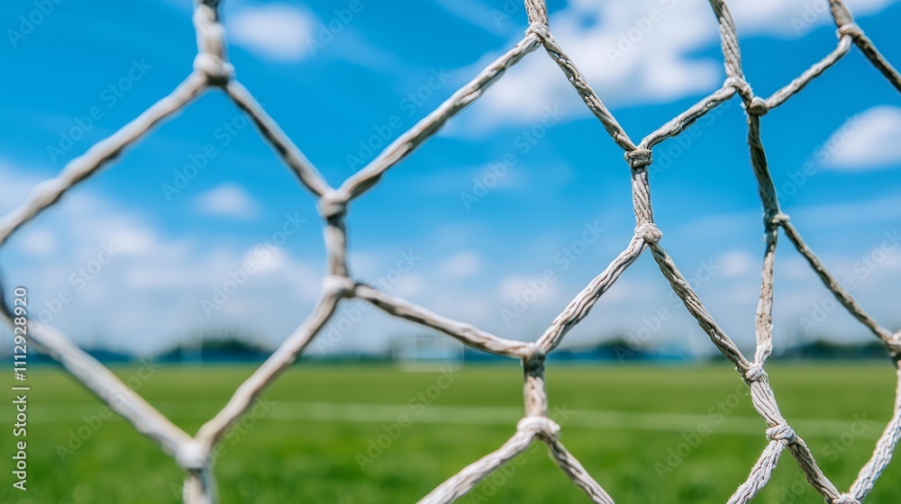 Fototapeta premium Close Up View of Soccer Goal Net with Green Field and Blue Sky Background