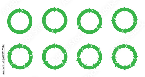 Set of pie chart in green color isolated on white background.  Circle cut with arrow separated by 1, 2, 3, 4, 5, 6, 7, and 8 part. Circle arrows for infographic. 