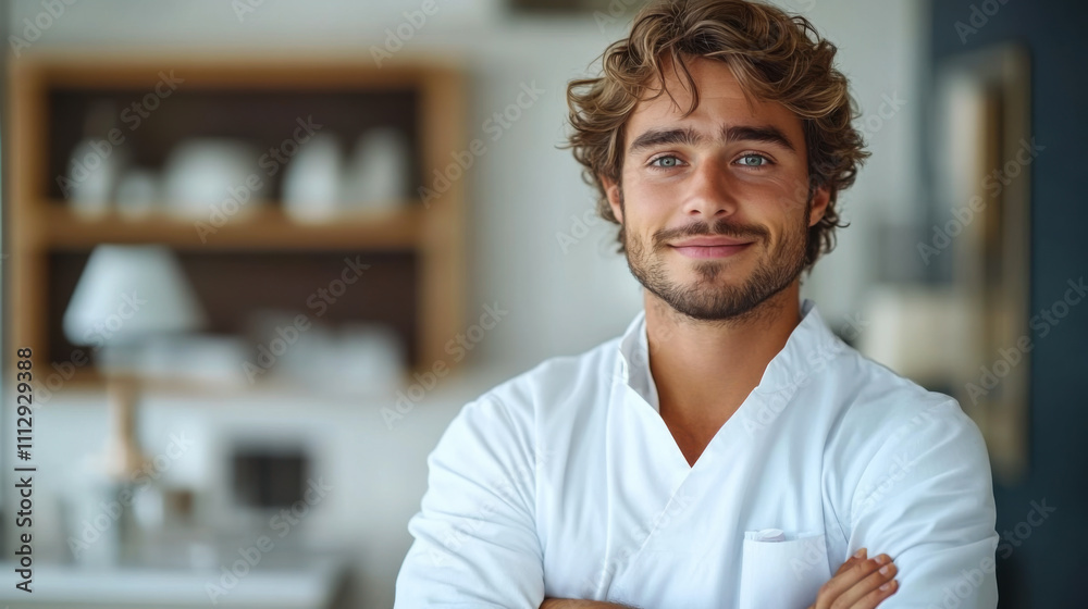 Fototapeta premium Young man smiling confidently in a bright, modern interior space during the morning