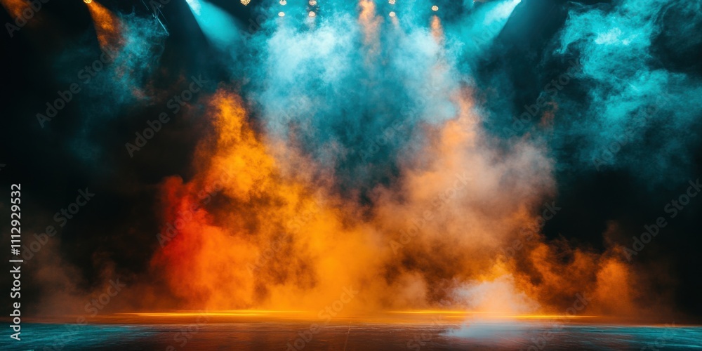 Fototapeta premium Kaleidoscope of radiant smoke on a dynamic arena stage, intersected by powerful beams of light, suspended in a dramatic dark void