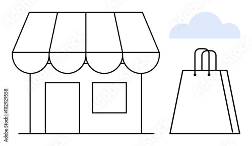 Storefront with striped awning beside shopping bag and cloud icon. Ideal for retail, e-commerce, small business, shopping, marketing, store location, online sales. Line metaphor