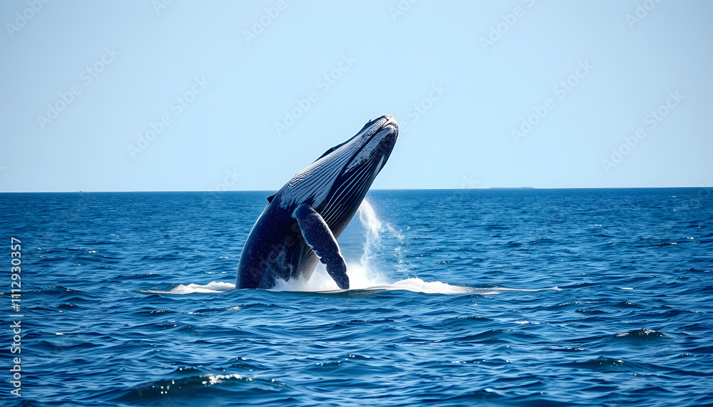 Fototapeta premium Humpback Whale Breaching in Atlantic Ocean Off Cape Cod, MA isolated with white highlights, png