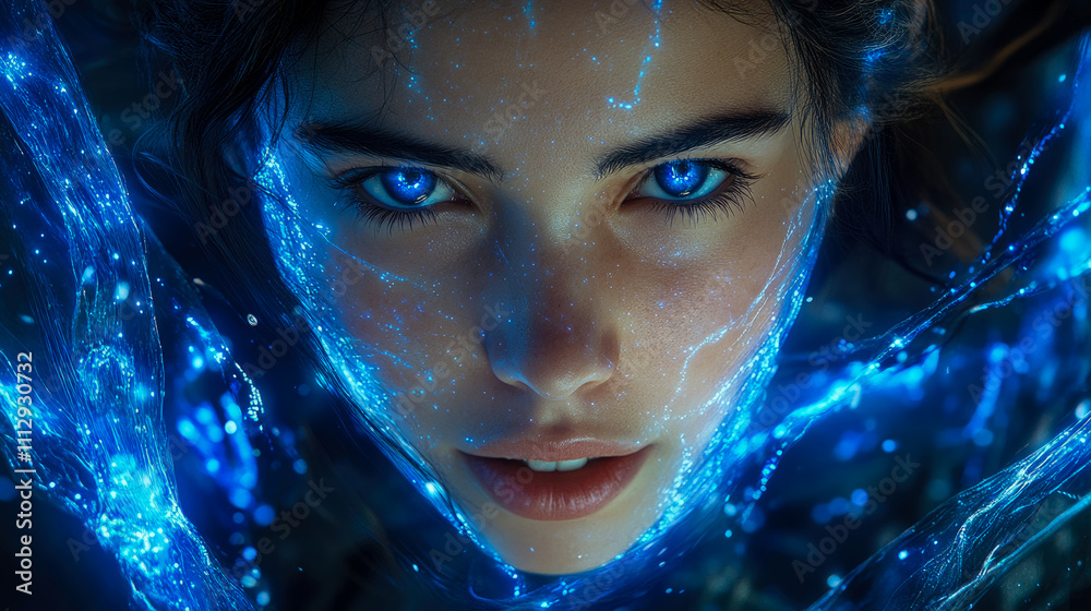 A woman with glowing blue accents captivates with her intense gaze, creating an enchanting blend of beauty and surreal elements at twilight A woman with glowing blue accents captivates with her intense gaze, creating an enchanting blend of beauty and surreal elements at twilight