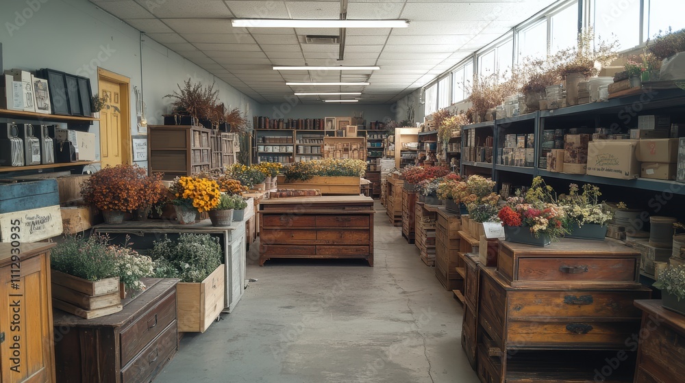 A rustic shop interior filled with shelves and tables displaying a wide variety of vibrant flowers, plants, and vintage wooden furniture creating an inviting and charming atmosphere A rustic shop interior filled with shelves and tables displaying a wide variety of vibrant flowers, plants, and vintage wooden furniture creating an inviting and charming atmosphere