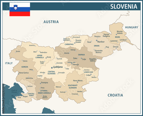 Slovenia Map Vector Vintage Dark Blue Beige - Customizable layered political map of Slovenia with administrative divisions for website, education, reports, news, politics, print, poster and wallpaper