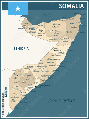 Somalia Map Vector Vintage Dark Blue Beige - Customizable layered political map of Somalia with administrative divisions for website, education, reports, news, politics, print, poster and wallpaper