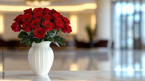 Fototapeta Naklejka Na Ścianę i Meble -  Red roses beautifully arranged in a white vase create a romantic atmosphere on a round table in a warm, inviting hotel room