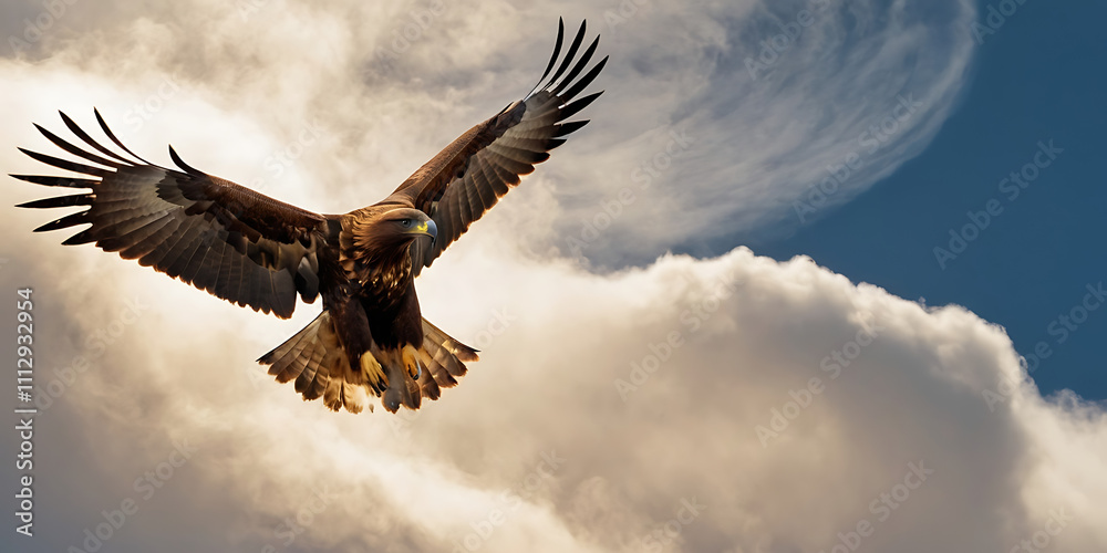 Fototapeta premium eagle gliding through golden skies at dawn