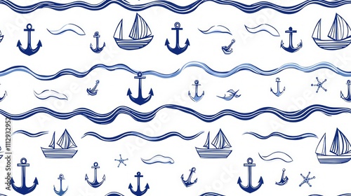 Nautical Blue and White Seamless Pattern Design with Anchors and Sailboats photo