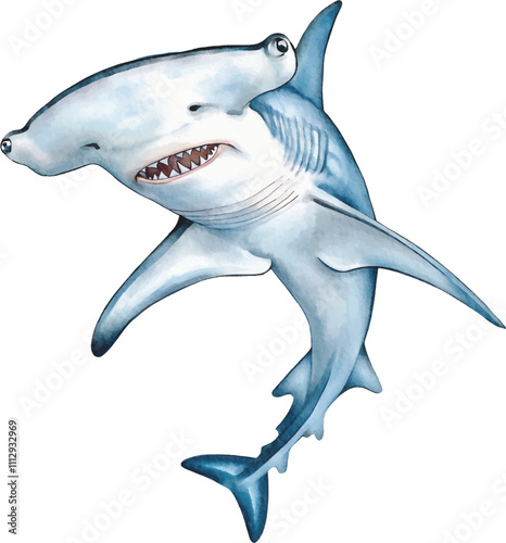 Watercolor painting of a Hammerhead shark, watercolor Hammer fish illustration, perfect for children's design