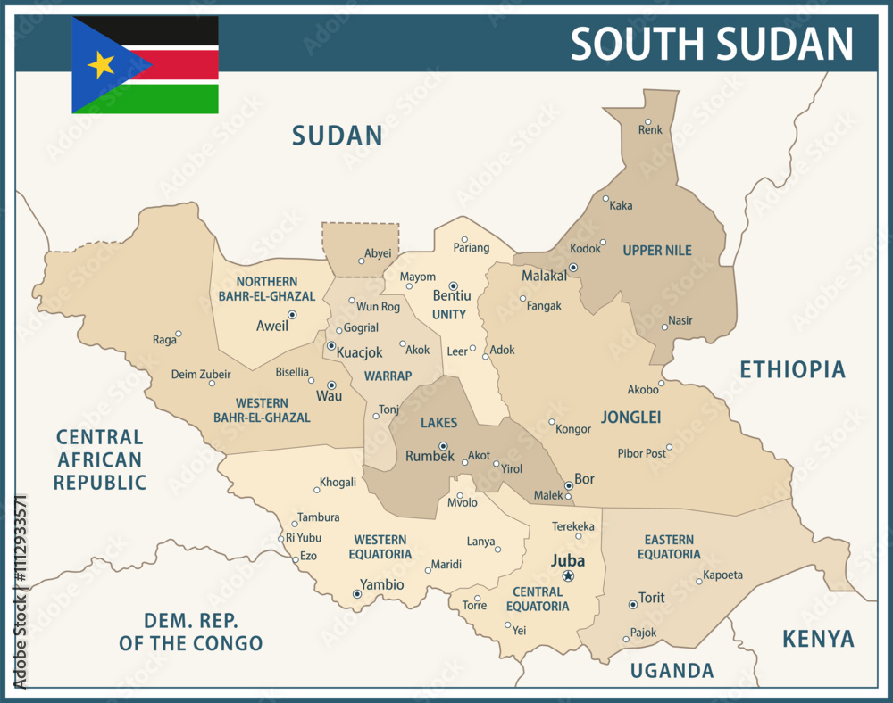 South Sudan Map Vector Vintage Dark Blue Beige - Customizable layered political map of South Sudan with administrative divisions for website, education, reports, news, politics, print, poster