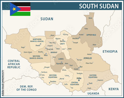 South Sudan Map Vector Vintage Dark Blue Beige - Customizable layered political map of South Sudan with administrative divisions for website, education, reports, news, politics, print, poster