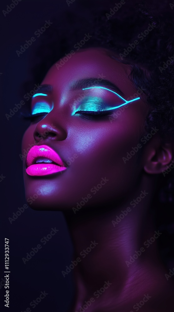 Black woman side angle portrait, her eyes closed, with neon blue eyeshadow and bright pink lips Black woman side angle portrait, her eyes closed, with neon blue eyeshadow and bright pink lips