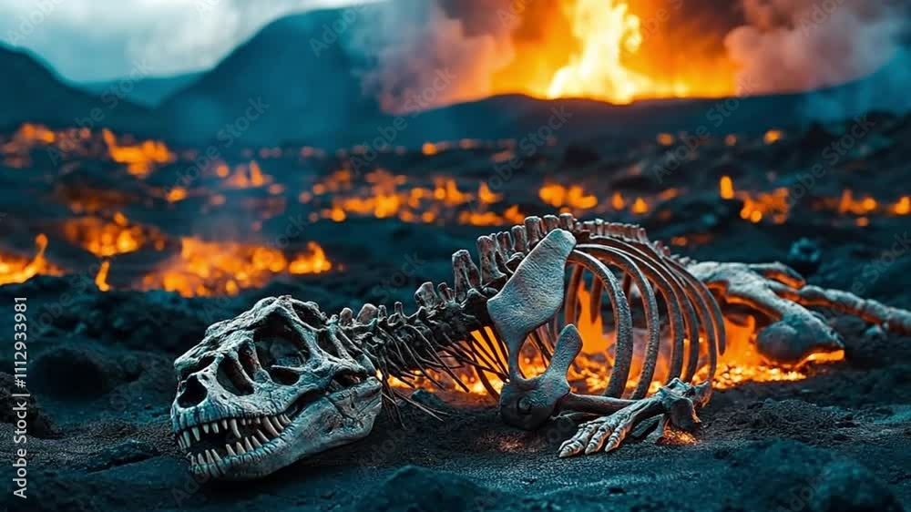 The fossilized remains of a dinosaur rest on charred ground amidst erupting volcanoes. Concept of the end of an era and the power of Earth's natural events.