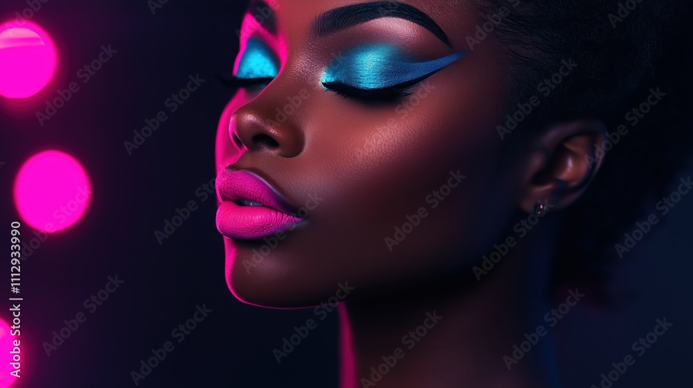 Black woman neon blue eyeshadow paired with vibrant pink lips Black woman neon blue eyeshadow paired with vibrant pink lips