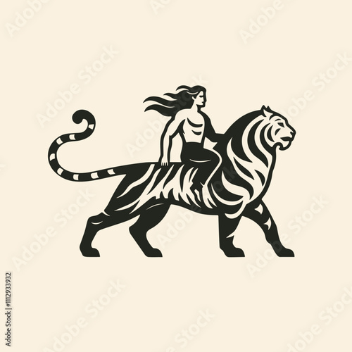 man riding a tiger, wild animal logo vector design