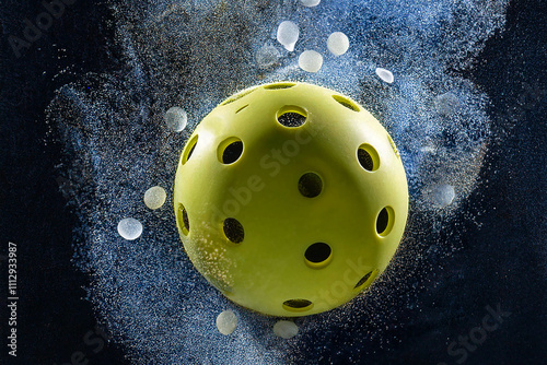 Yellow pickleball exploding on a black background.