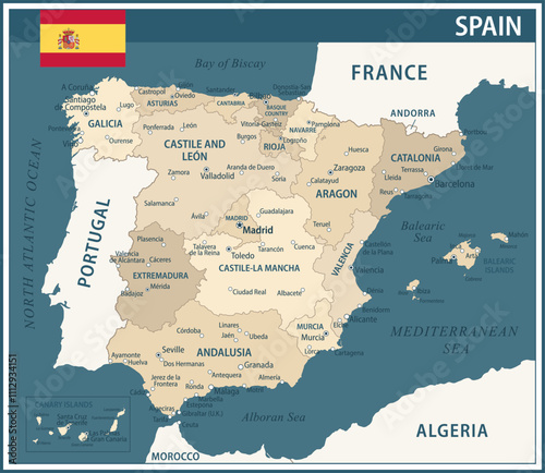 Spain Map Vector Vintage Dark Blue Beige - Customizable layered political map of Spain with administrative divisions for website, education, reports, news, politics, print, poster and wallpaper