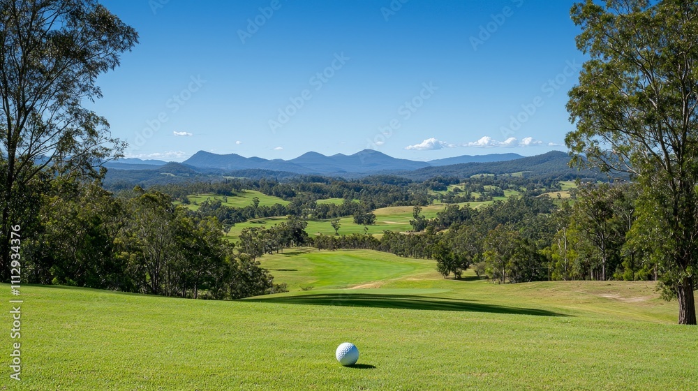 Serene Golf Course Landscape with Mountain Vista in Australia Serene Golf Course Landscape with Mountain Vista in Australia