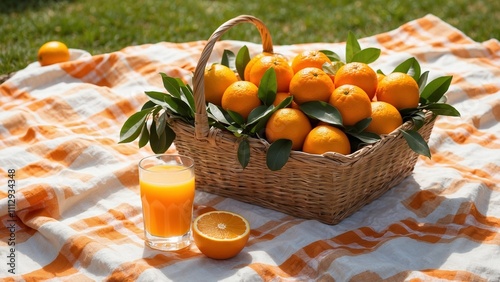 Fresh orange juice in a glass with a basket of oranges, bright and summery, on a picnic blanket