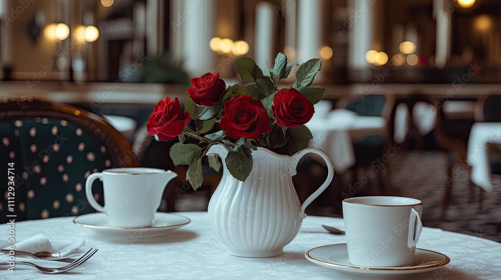 Red roses beautifully arranged in a white vase create a romantic atmosphere on a round table in a warm, inviting hotel room Red roses beautifully arranged in a white vase create a romantic atmosphere on a round table in a warm, inviting hotel room